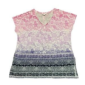 J. Jill Love Linen V-Neck Paisley Short Cap Sleeve Top Blouse Size‎ XLP Coastal